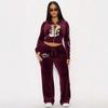 Womens Slim Fit Hooded Velvet 2-Piece Set Streetwear Skull Print Casual Tracksuit