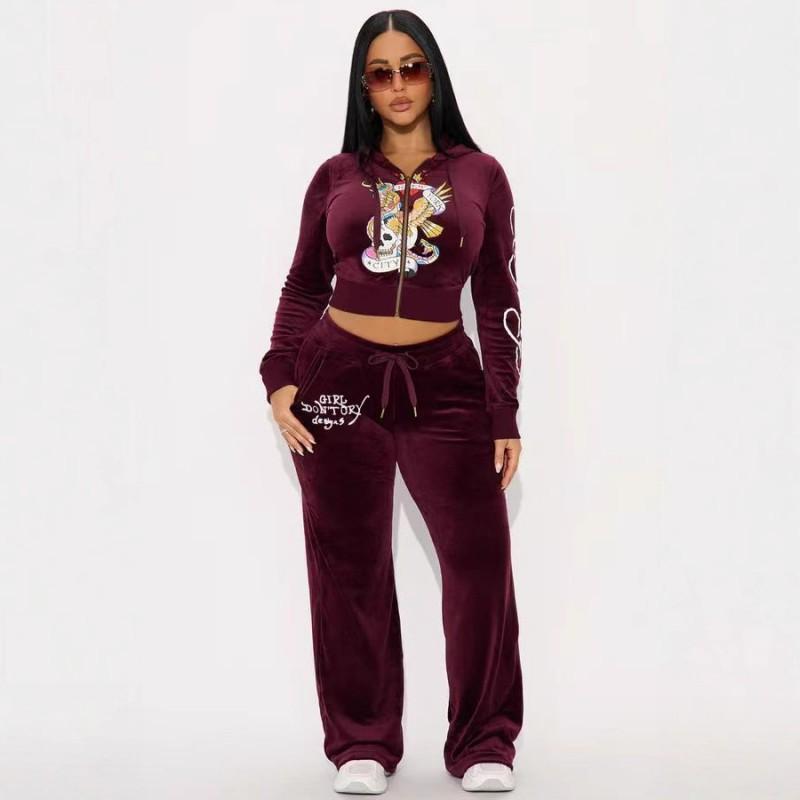 Womens Slim Fit Hooded Velvet 2-Piece Set Streetwear Skull Print Casual Tracksuit