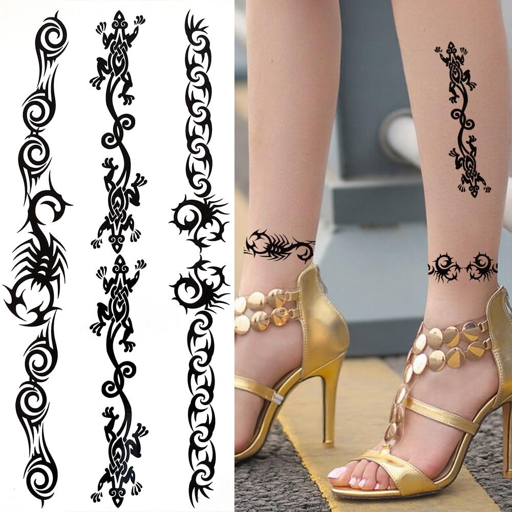 Черный Племенной Браслет из Ротанга Временные Татуировки Для Женщин Взрослых Реалистичные Татуировки Дракона Скорпиона Крест Креста Поддельные Наклейки Татуировки