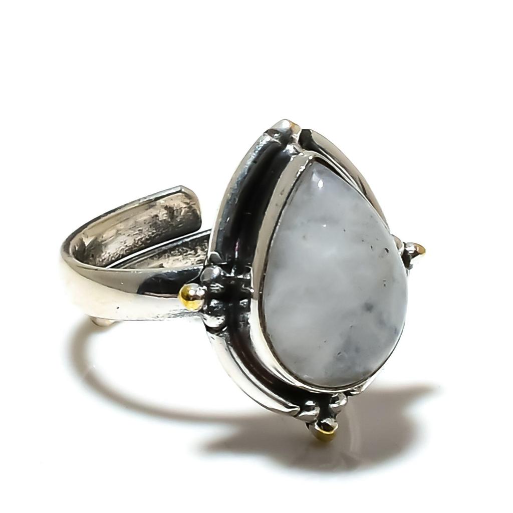 Кольцо из стерлингового серебра 925 пробы с натуральным лунным камнем, регулируемое по размеру — подходит для размеров США от 6 до 10 — украшения ручной работы в стиле бохо для женщин и мужчин, подарки на День святого Валентина