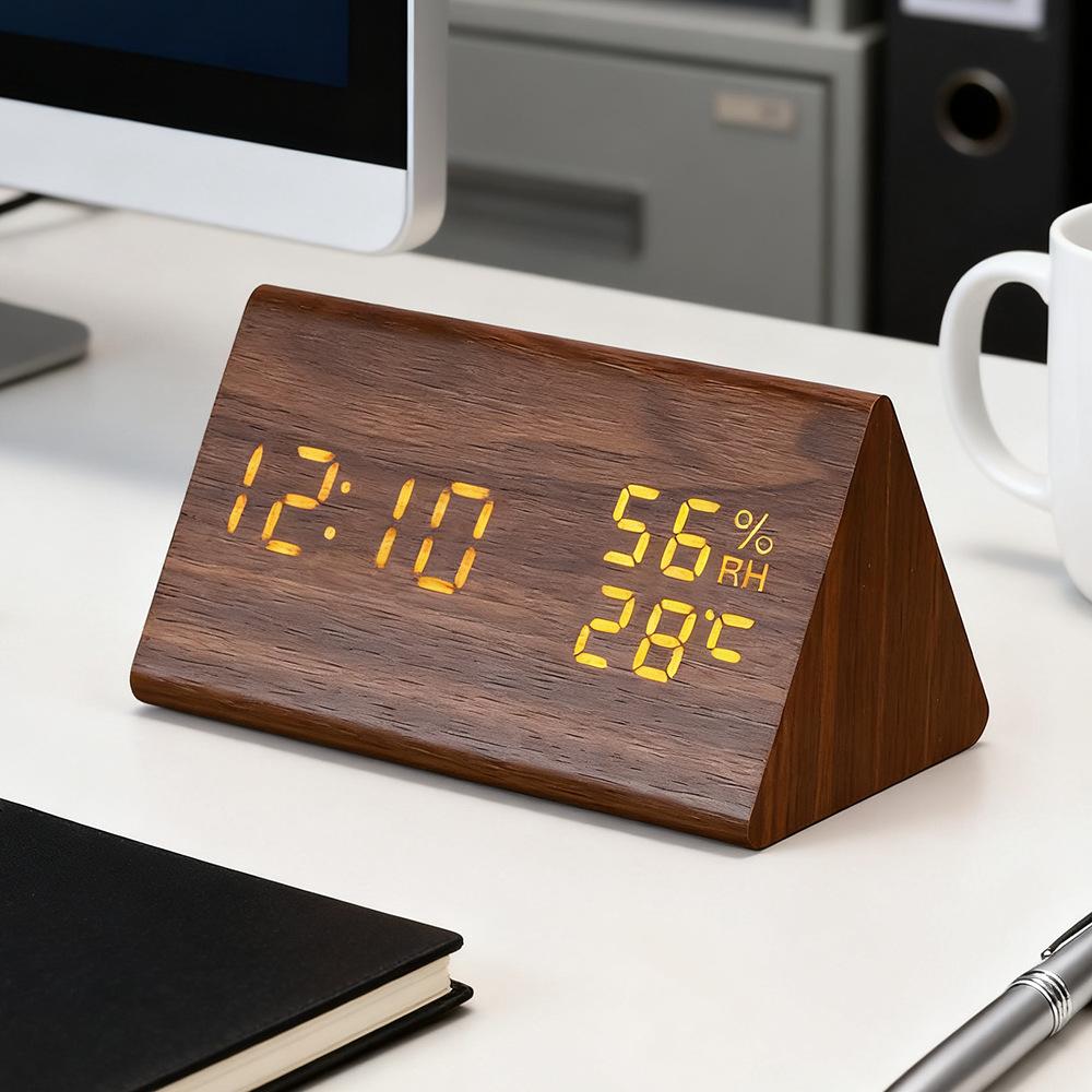 Simple Plug-in LED Electronic MDF Desk Clock Silent Voice-Controlled Digital Alarm Clock Temperature Humidity Display