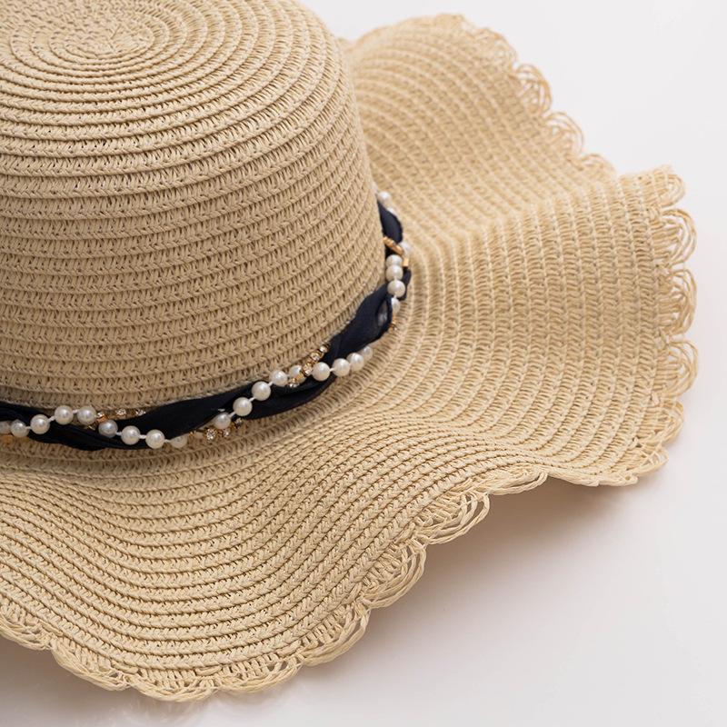 Elegant Women's Sun Hat with Mesh Trim & Faux Pearl Ribbon - Wide Brim, UV Protection Straw Beach Cap for Travel