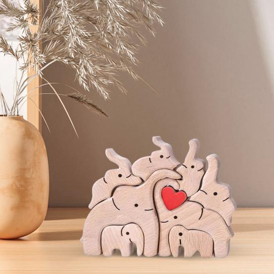 Wooden Elephant Family Puzzle Ornament Love Heart Mother Father Baby Elephant Jigsaw Table Sign Home Office Desktop Decoration