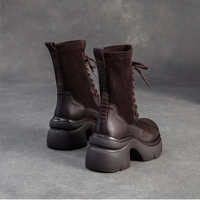 Johnature Genuine Leather Splicing Stretch Fabric Thick Soled Mid-calf Boots Versatile Women's Platform Boots