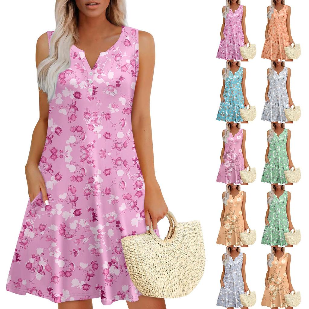 Женские летние платья Свободные сарафаны без рукавов с V-образным вырезом Платье с карманами