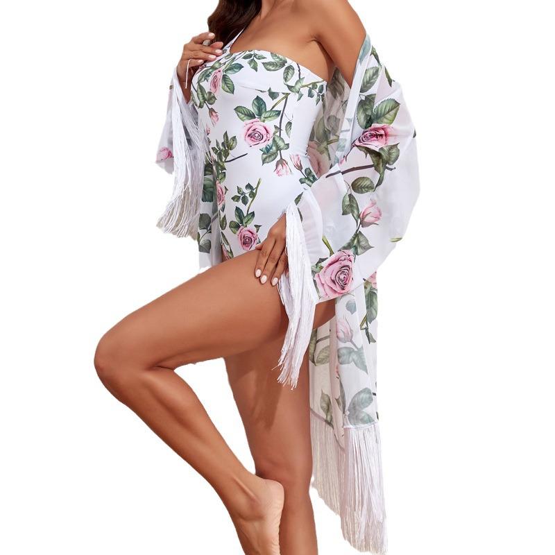 2024 European & American Three-Piece Swimsuit Set: Long Sleeve Sunscreen Cover-up Bikini for Women.