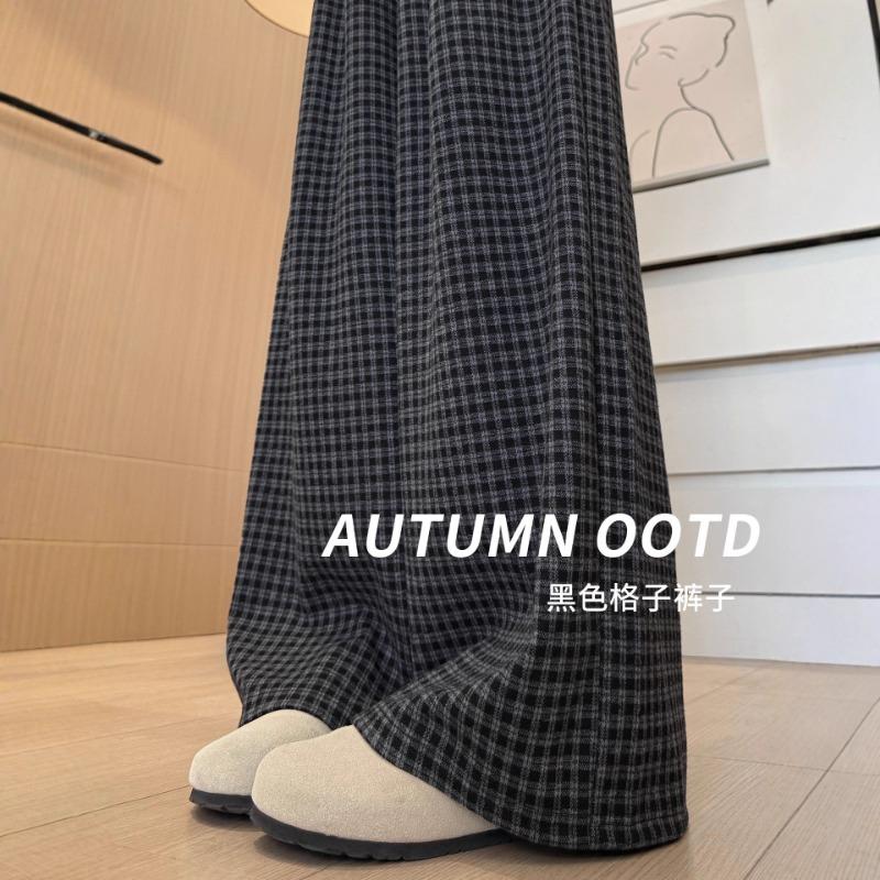 Black and Gray Plaid Pants Women's Autumn New Small Loose Lazy Drooping Casual Wide-leg Straight Pants