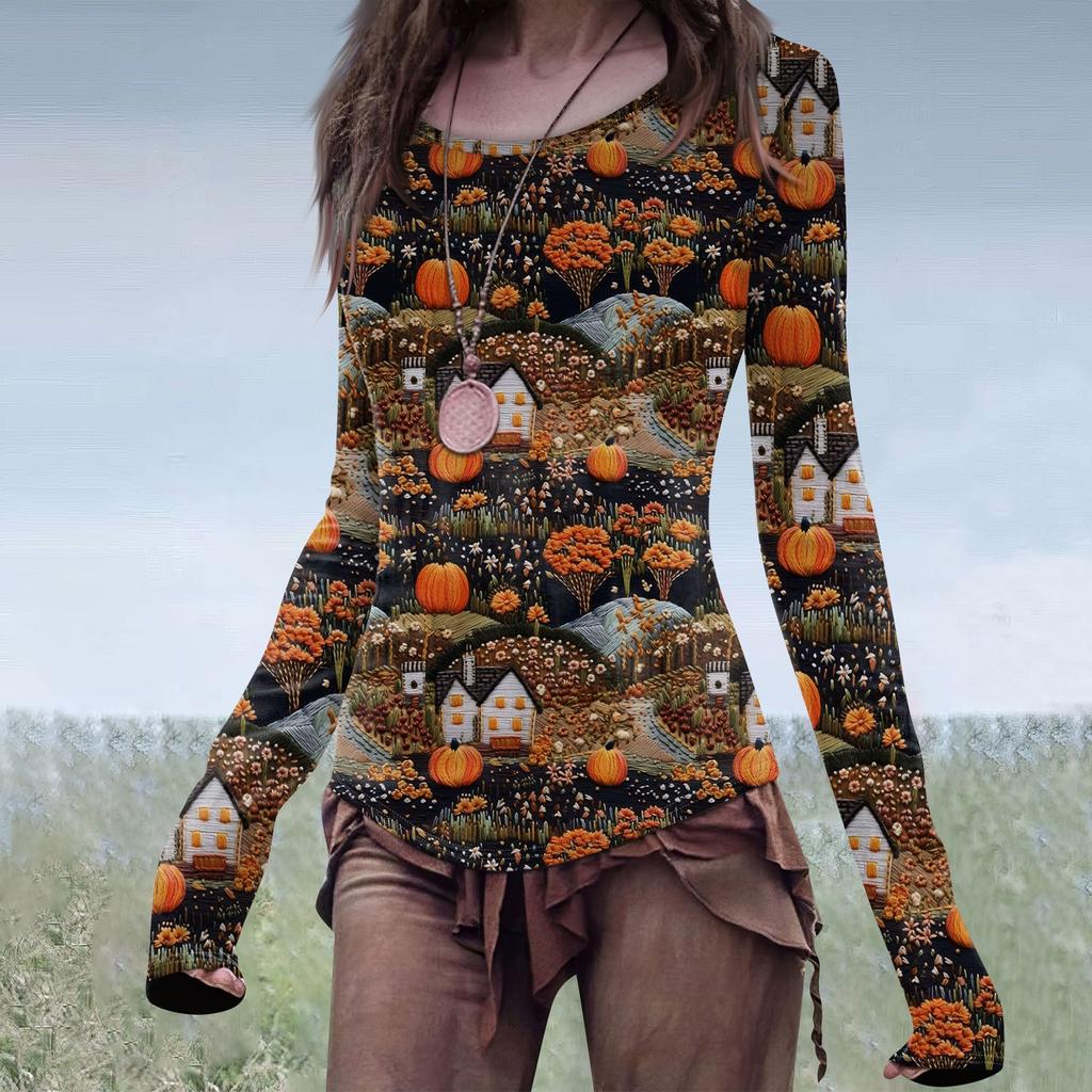 Women's Fashion Casual Mori Slim Long Sleeve Halloween Printed Round-Neck Regular Top
