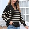 Женская мода повседневный глубокий V-образный вырез свободный длинный рукав полосатый трикотажный топ