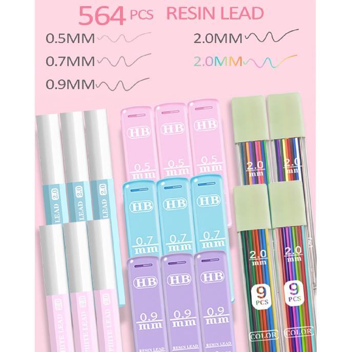 Mechanical Pencil Set with Pink Pencil Case,12X Pastel Mechanical Pencil 0.5mm-2.0mm with 564X HB+36X Color Leads for Writing, Drafting, Drawing,