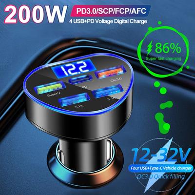 Автомобильное зарядное устройство PD 200 Вт в форме сердца QC3.0 Быстрая зарядка 1-5 Разъем автомобильного прикуривателя 5 портов Флэш-зарядка с цифровым дисплеем