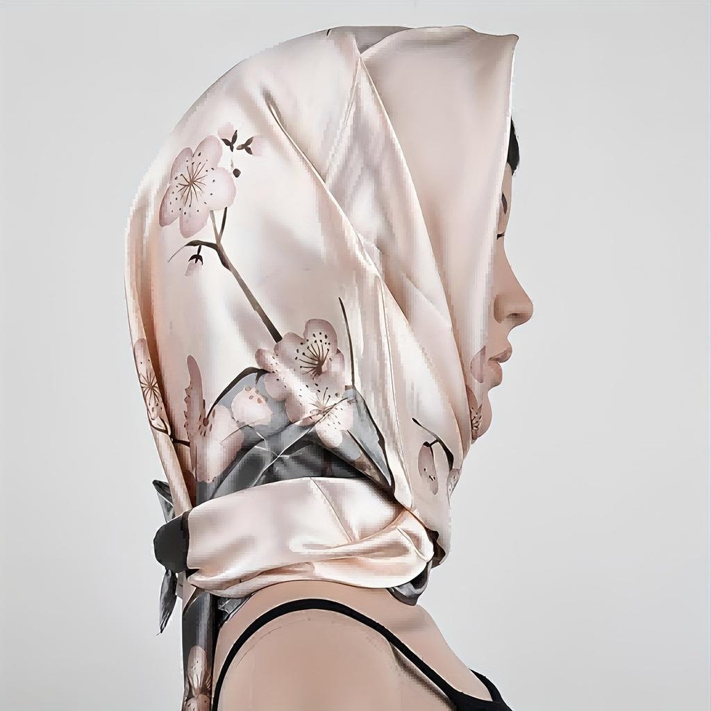 Spring and Summer Elegant Floral Print Scarf 90*90cm Square Scarf Scarf Satin Silk Scarf Women's Headscarf