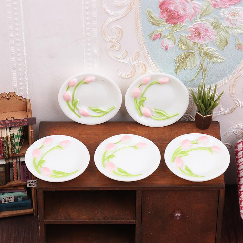 5 шт. 1:12 кукольных домиков, имитация миниатюрных тарелок с рельефным рисунком тюльпана, модель кукольного домика, украшение для кухни, аксессуары для кукольного дома