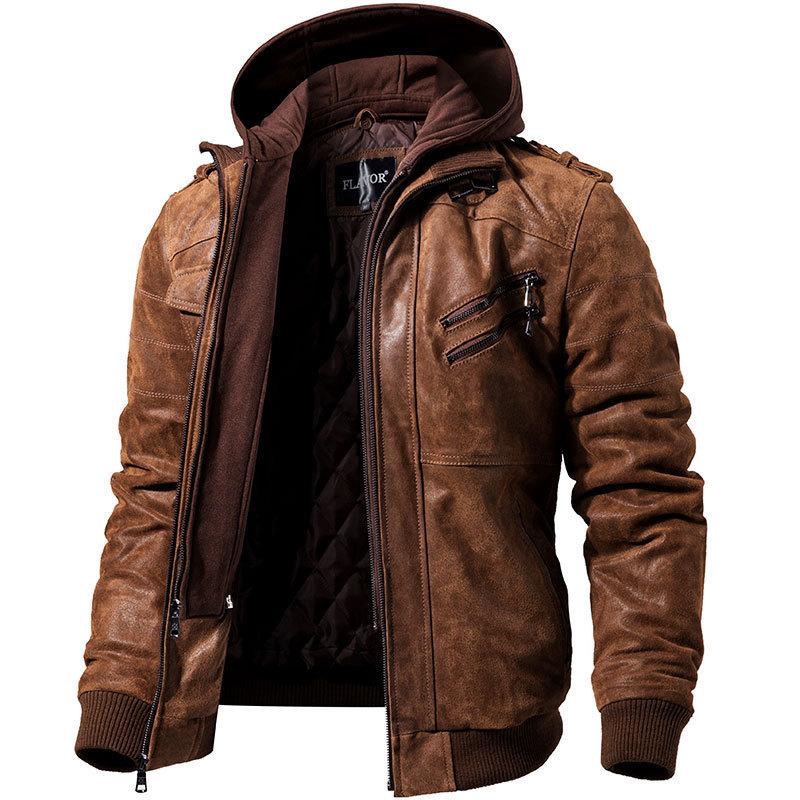 Men's Fall/Winter Double-Decker Trend Locomotive Casual Leather Jacket Hooded Coat Large Size