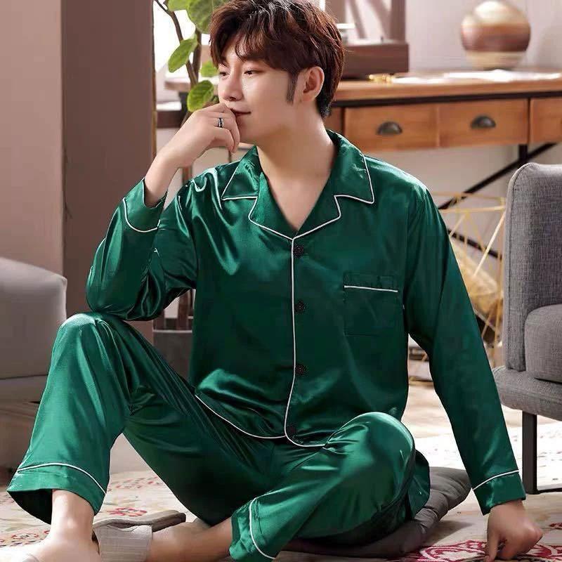 Men's Spring and Autumn Thin Lapel Ice Silk Thin Button Section Top + Wide-leg Trousers Home Two-piece Set