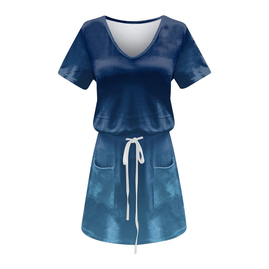 Women's Casual Printing Drawstring High Waist V-neck Short Sleeve  Dress