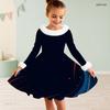 Girls High Neck Long Sleeve Printed A Line Flared Dress Red Blue White Furry Trim Bow Decor