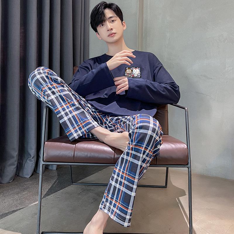 Весенняя хлопковая пижама для мужчин, домашняя одежда для сна, синяя клетчатая пижама, мужская пижама, домашняя одежда, пижама Hombre