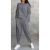 Women's Solid Color Round Neck Long Sleeve Suit,Women's Pocket Pants Long Pants Women's Suit