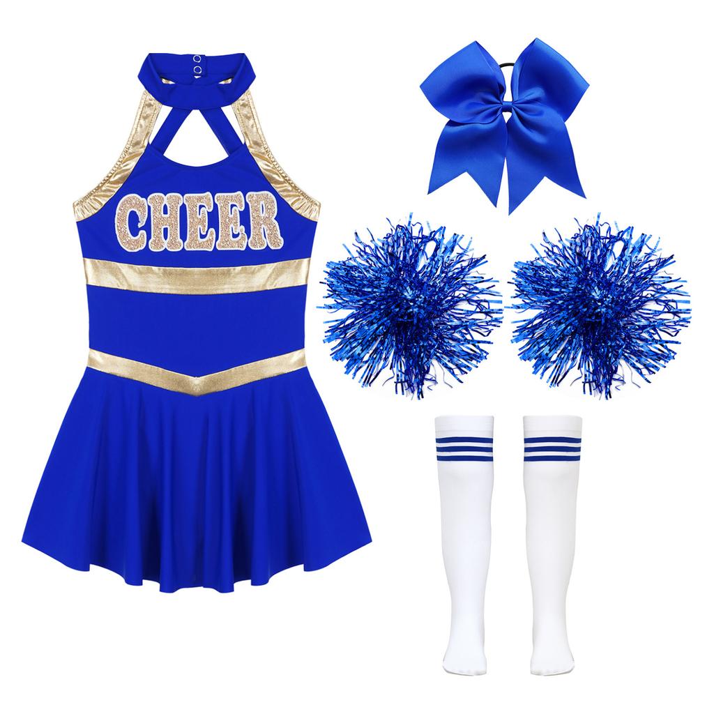 Kids Girls Shiny Cheerleading Costume Schoolgirls Dance Dress Uniform Complete Outfit with Pom Poms for Halloween Party