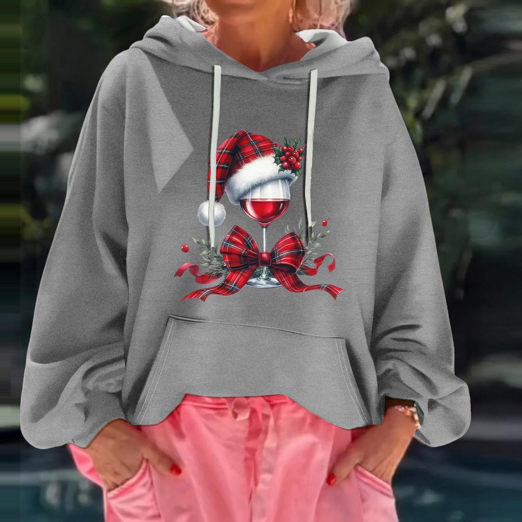 Женский рождественский принт, свободный повседневный худи с длинным рукавом и капюшоном