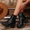 Block Heel Single Boots Autumn New Round Toe Lace-Up Front Metal Belt Buckle Platform Non-Slip Mid-Tube Boots