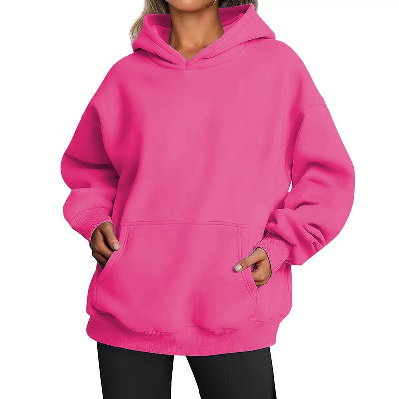 Women's Solid Color Fleece Hooded Sweatshirt - Autumn/Winter, Long Sleeve, Street Hip-Hop Style, Loose Fit, with Pockets.