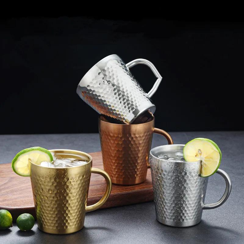 300ml Double-Layer Water Cup 304 Stainless Steel Thermal Coffee Beer Mug with Handle Gold Sliver Heat Insulation Coffee Cup