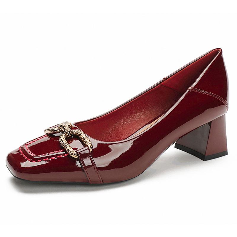 Женские туфли на высоком толстом каблуке с квадратным носком, не утомляющие ноги, новые весенне-осенние красные свадебные туфли на среднем каблуке, туфли-лодочки с открытым верхом