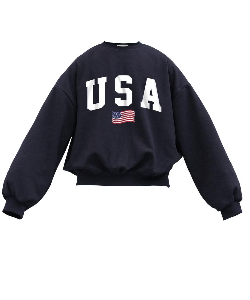 Свитшот Oeta USA Flag, двойной хлопок, свободный крой, спущенное плечо, объемный крой