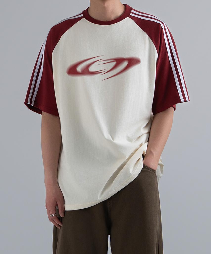 UNDEROFF Oversized Raglan Track Line Short Sleeve T-Shirt Illusion Burgundy
