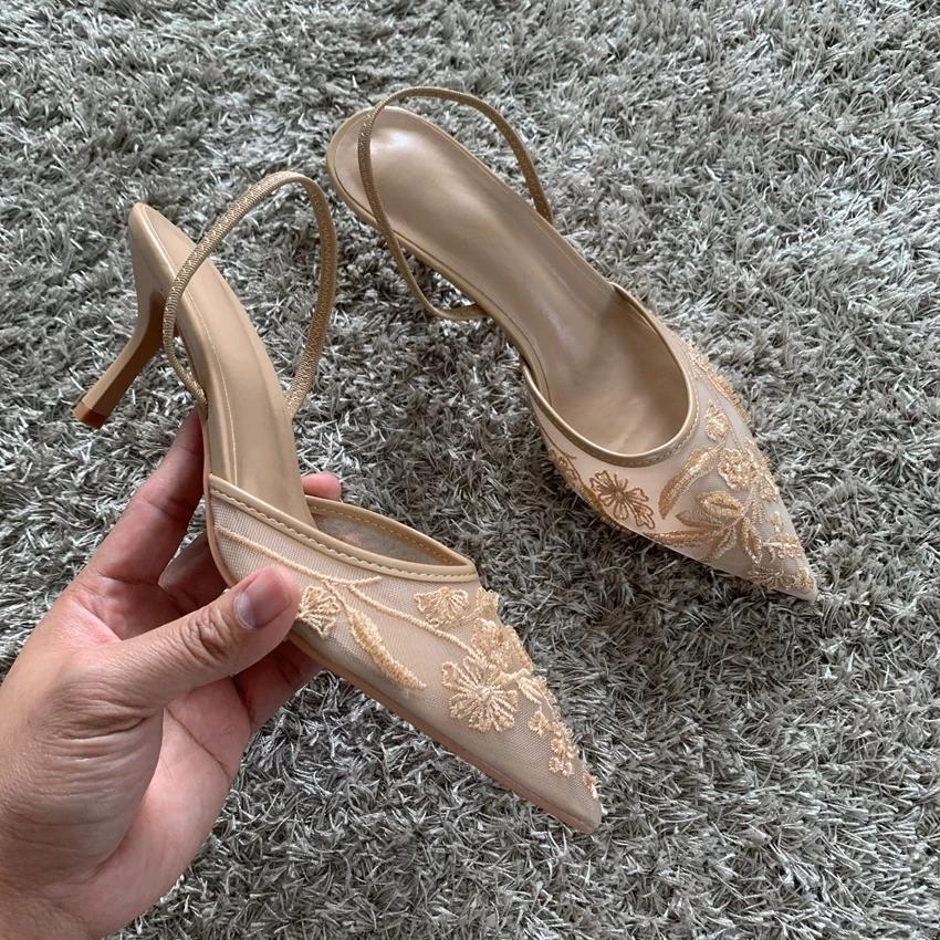 Fashion Mesh Embroidered Fashion Sandals Women String Bead High Heels Mules Shoes Pointed Toe Slingback Slippers Women Zapatos De Mujer