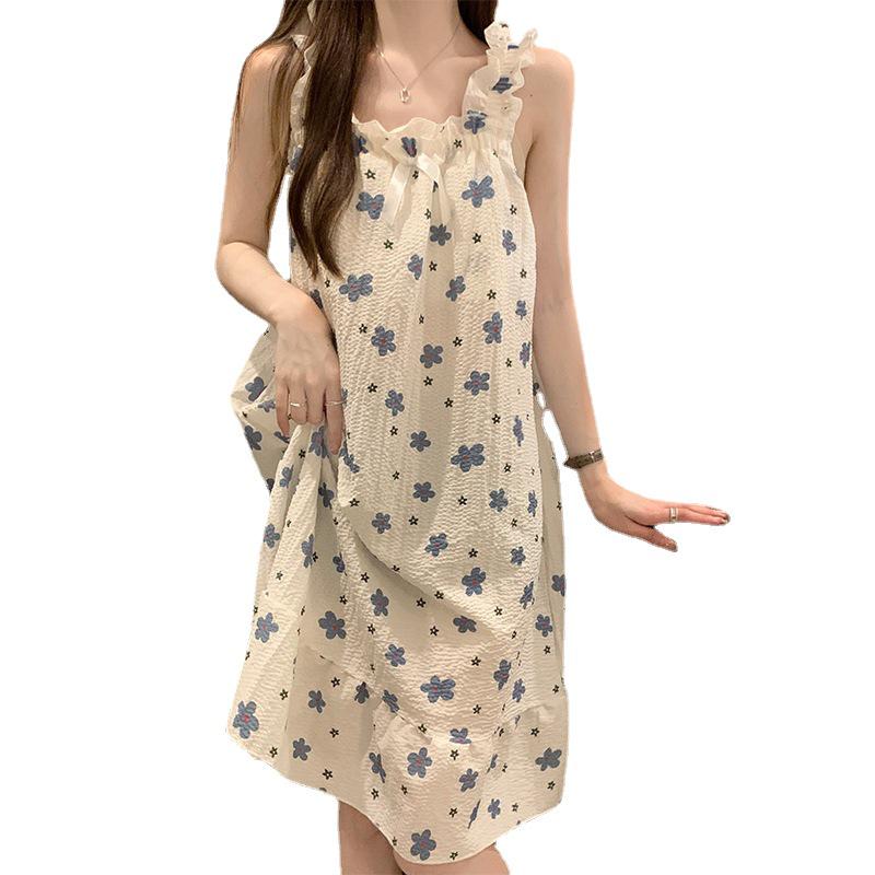 Женская летняя ночная рубашка из хлопка с пузырьками и подтяжками на груди — легкая, стильная домашняя одежда для дома и улицы