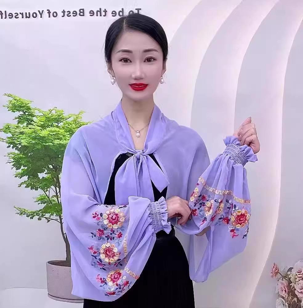 Летняя мода 2025 года, вышитый шифоновый платок с длинным рукавом из ледяного шелка для защиты от солнца при вождении и в помещениях с кондиционером