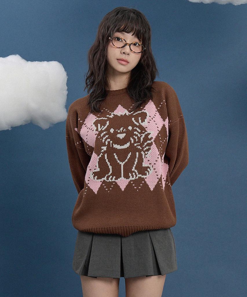 WAIKEI Drawing Puppy Argyle Knit Brown