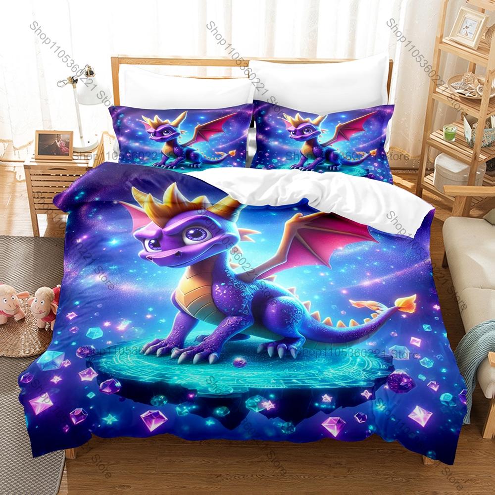 Spyro Reignited Trilogy Bedding Set, Duvet Cover & 2 Pillowcases, Cute Dragon Character Pattern Breathable Fabric All Season