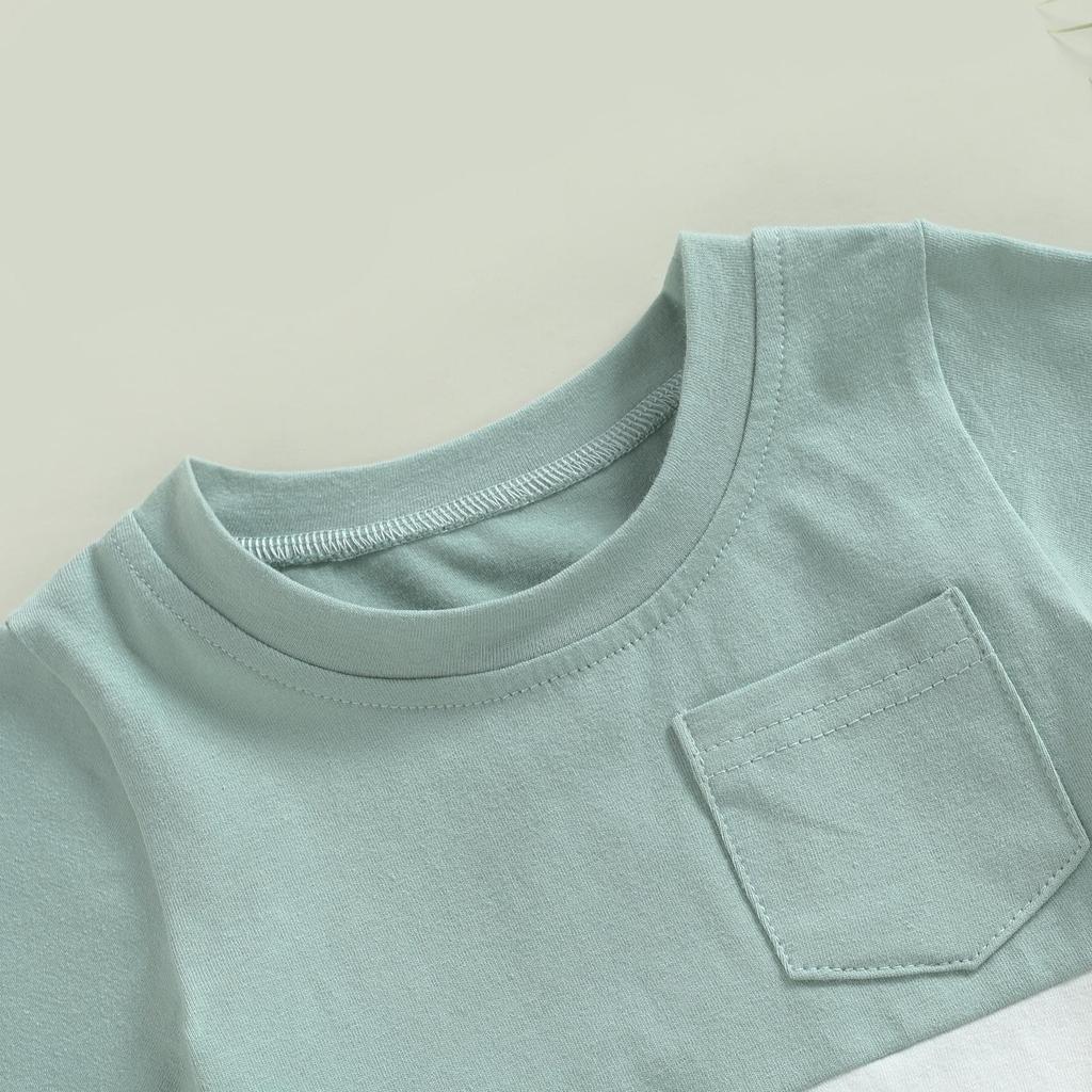 Комплект одежды для маленьких мальчиков, футболка с короткими рукавами и цветными блоками, однотонные свернутые шорты из 2 предметов, летний наряд