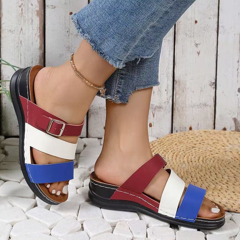 New Wide Width Wedge Sandals for Women Chunky Slide Slippers with Buckle Strap, Fashion Peep-Toe Summer Flip Flops