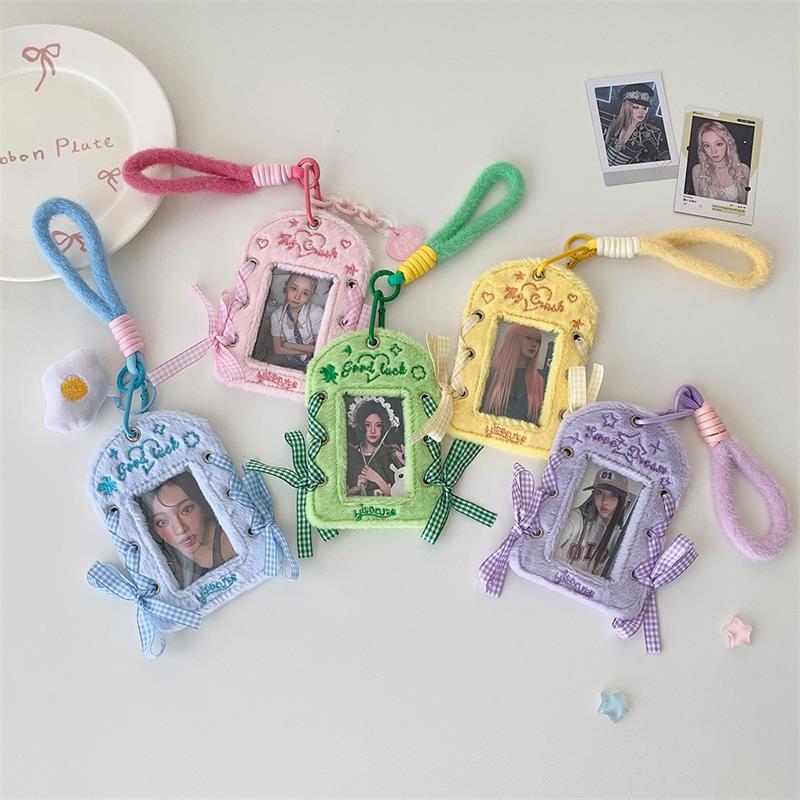 Cute Ballet-Style Ribbon Photocard Holder Plush Card Holder With Lanyard Idol Photo Storage Card Display Protective Pendant Gift