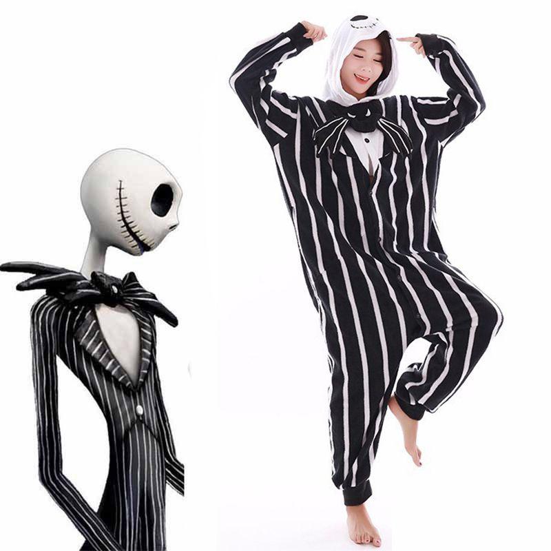 Cozy Nightmare Before Christmas Jack Pattern Sleepwear Jumpsuit With Hood And Tuxedo Design
