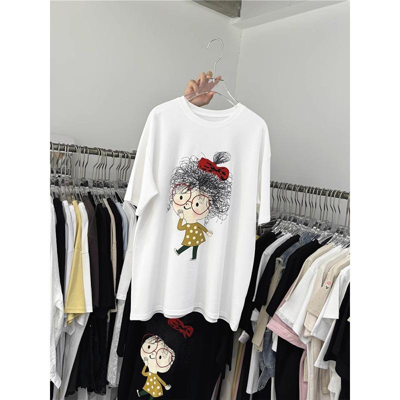 Pure Cotton Round Neck Short-sleeved T-shirt Women's 2025 New Casual Lazy Style Cartoon Printed T-shirt Top Tide