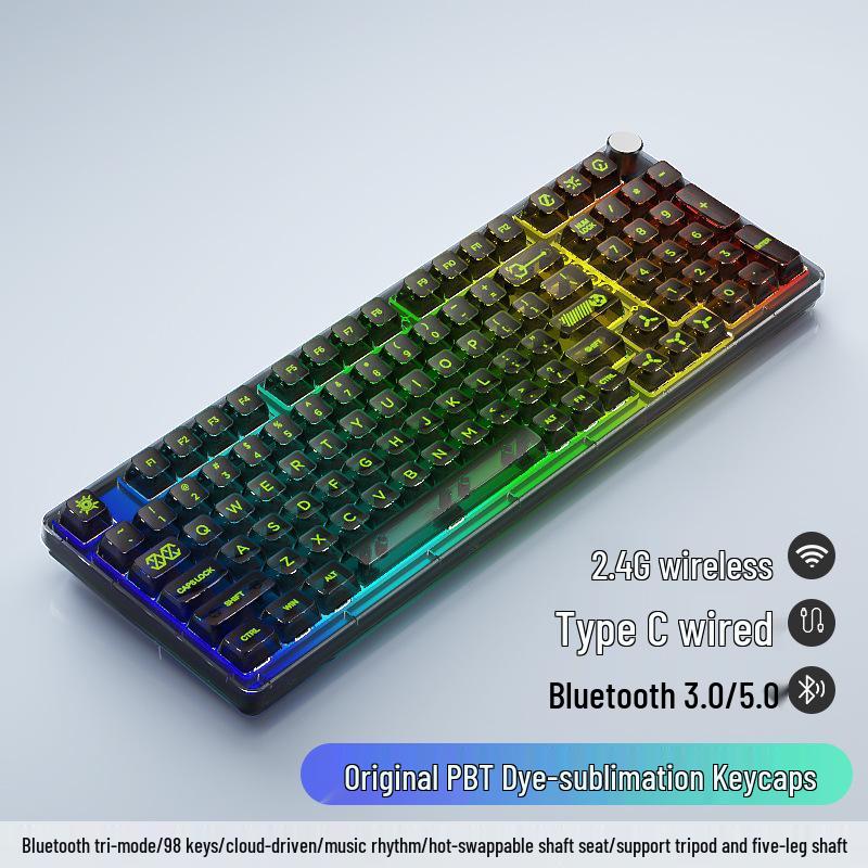 Беспроводная Bluetooth-клавиатура с тремя режимами, 98 клавиш - Игровая, Киберспортивная, Офисная, PBT, Прозрачная, DIY-кастомизация