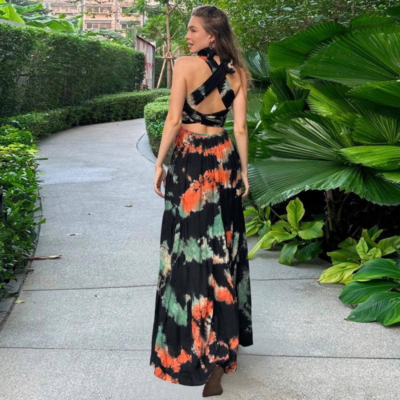 Летние повседневные платья без рукавов с принтом тай-дай и висячими бретельками на шее