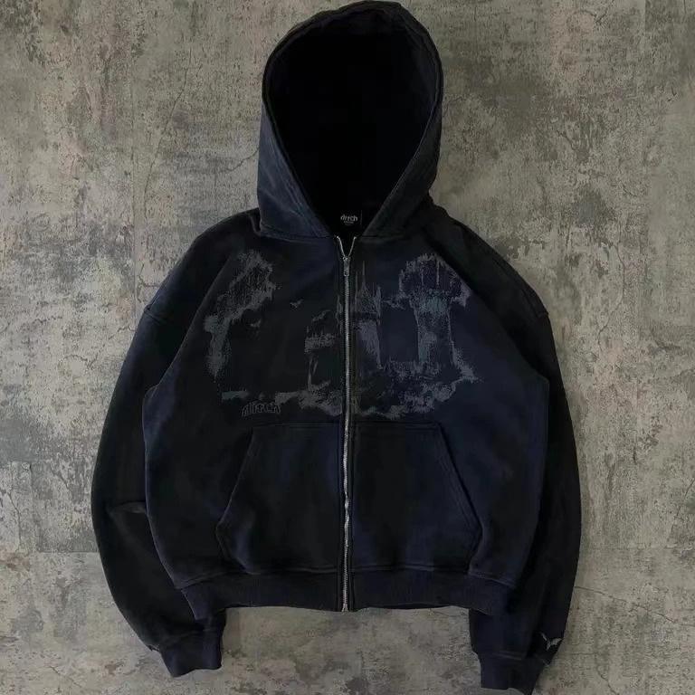 Харадзюку 2025 Y2K Толстовка-кардиган с капюшоном на молнии с принтом граффити - Длинный рукав, Большой размер