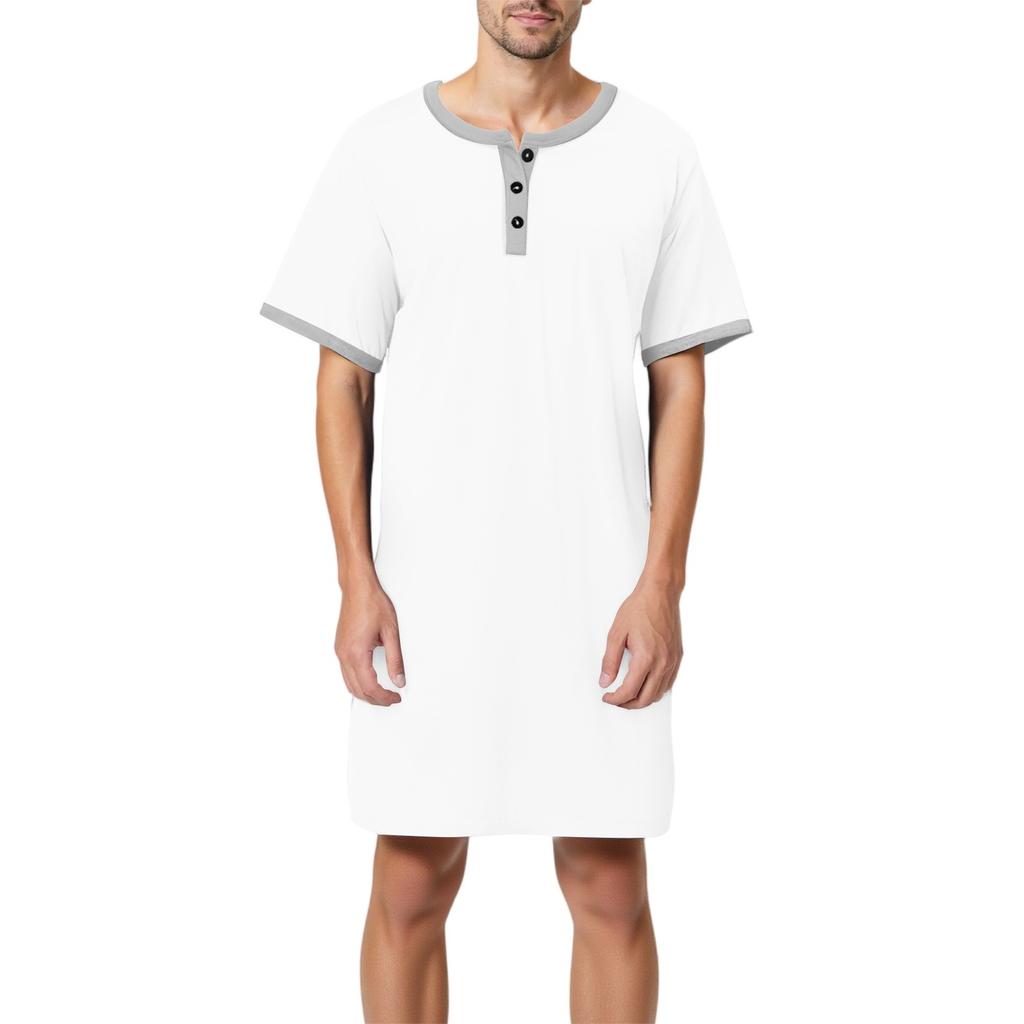 Men's Solid Color Cotton Short-sleeved Pajamas Button-down Collar Long Loose Pajamas Home Clothes