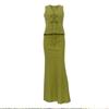 Women Casual Sleeveless Party 2Pcs Suits Cotton Linen Solid Color Slim Skirt Outifts Sexy V-neck Tie-up Hollow Out Top & Long Skirt Set