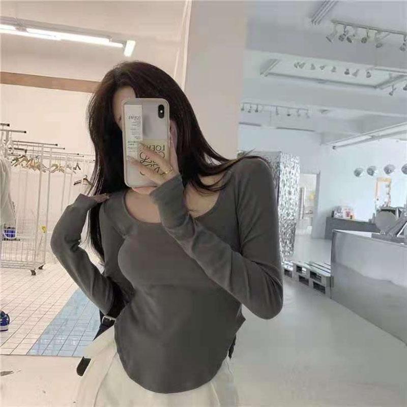 Женские однотонные футболки с длинными рукавами и квадратным воротником, весенне-осенние новые тонкие повседневные топы с U-образным подолом, рубашки для девочек