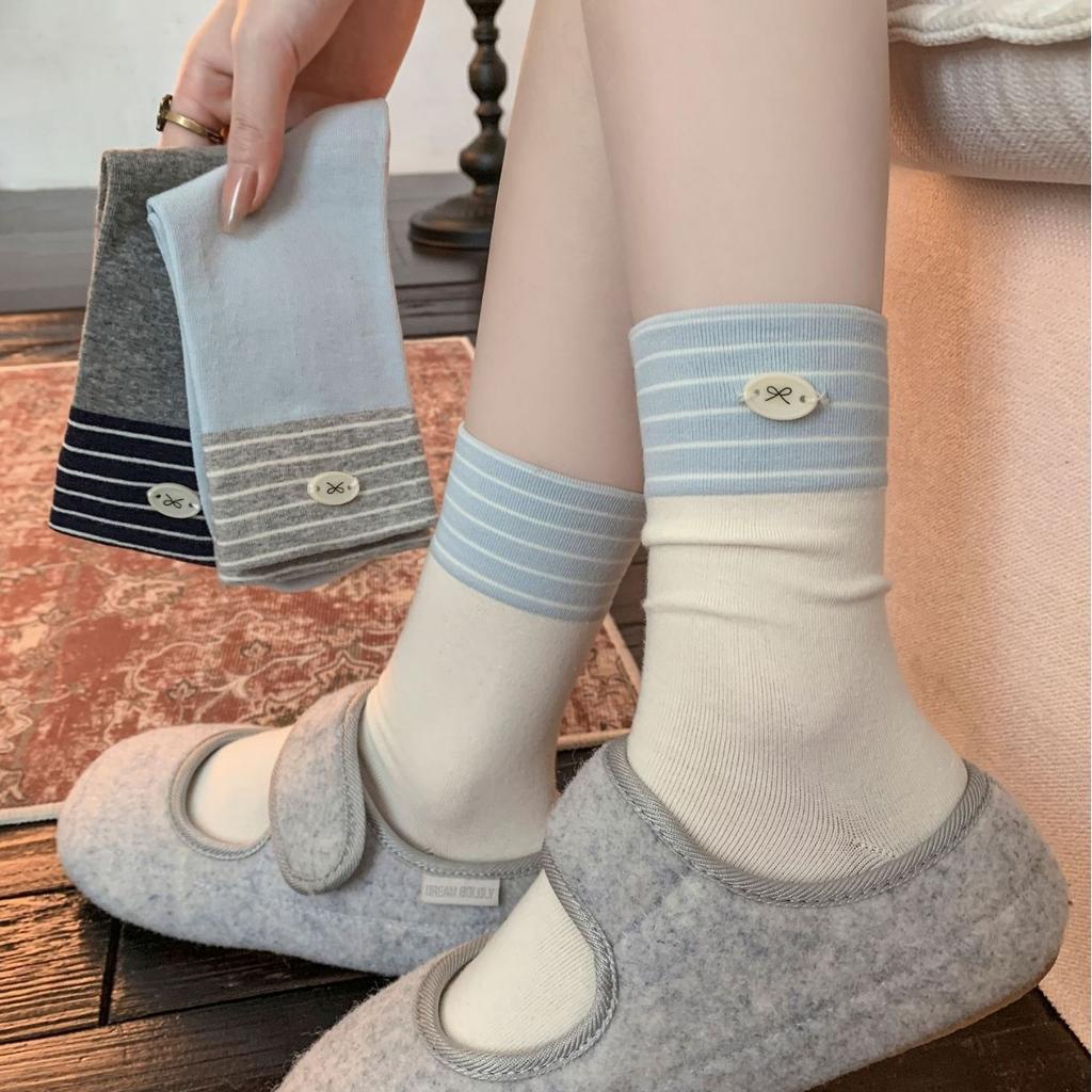 Button Bow Socks Medium Tube Socks Tide Cotton Versatile College Style Striped Contrasting Color Stacking Socks