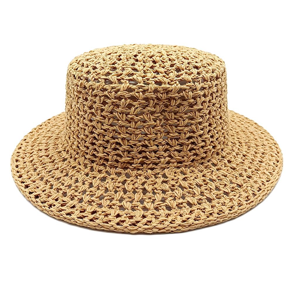 2026 New Hollow Flat Top Straw Hat Summer Breathable Sunscreen Hat Women's Outdoor UV Protection