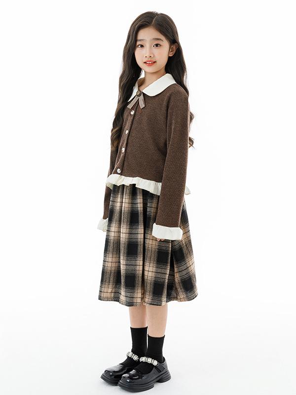 Комплект из двух предметов для девочек: осенняя клетчатая юбка и вязаный кардиган